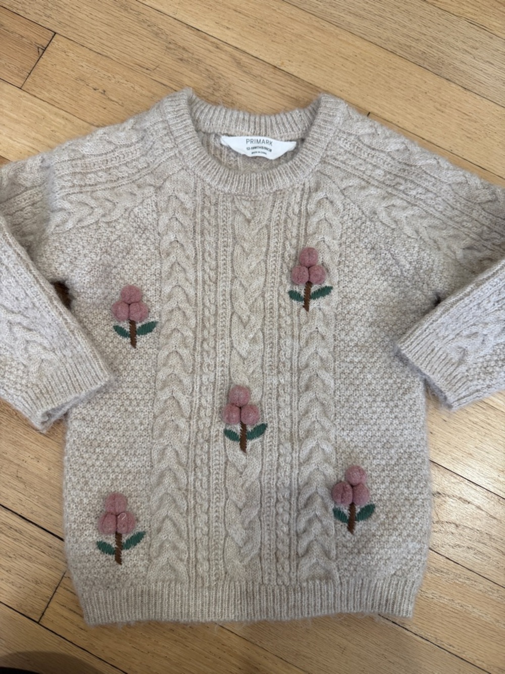 Primark Cream Cable Knit Sweater with Pink Flower Appliqués